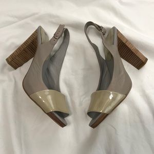 BR Two Tone Nude Greige Leather Slingback Heels 7